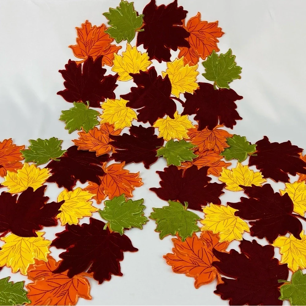 Trio of Placements/Chargers (3) Round Leaf Orange Burgundy Yellow Green Fabric